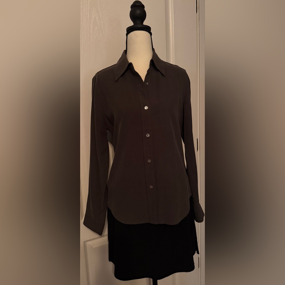 SilkLand 100% Pure Silk Deep Olive Green long sleeve Button Down Shirt